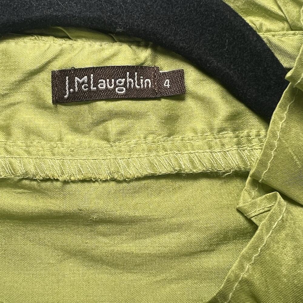 J. McLaughlin 100% Silk Shirt Size 4 Green Ruffle Neck Front Button Long Sleeve - Picture 4 of 12